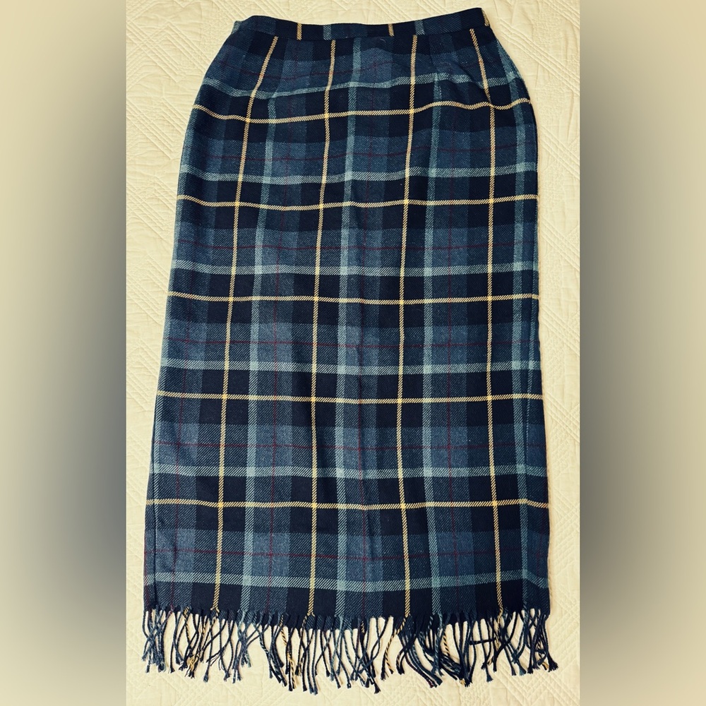 Requirements Blue Plaid Wool Blend Pencil Fringed Maxi Skirt Size 12